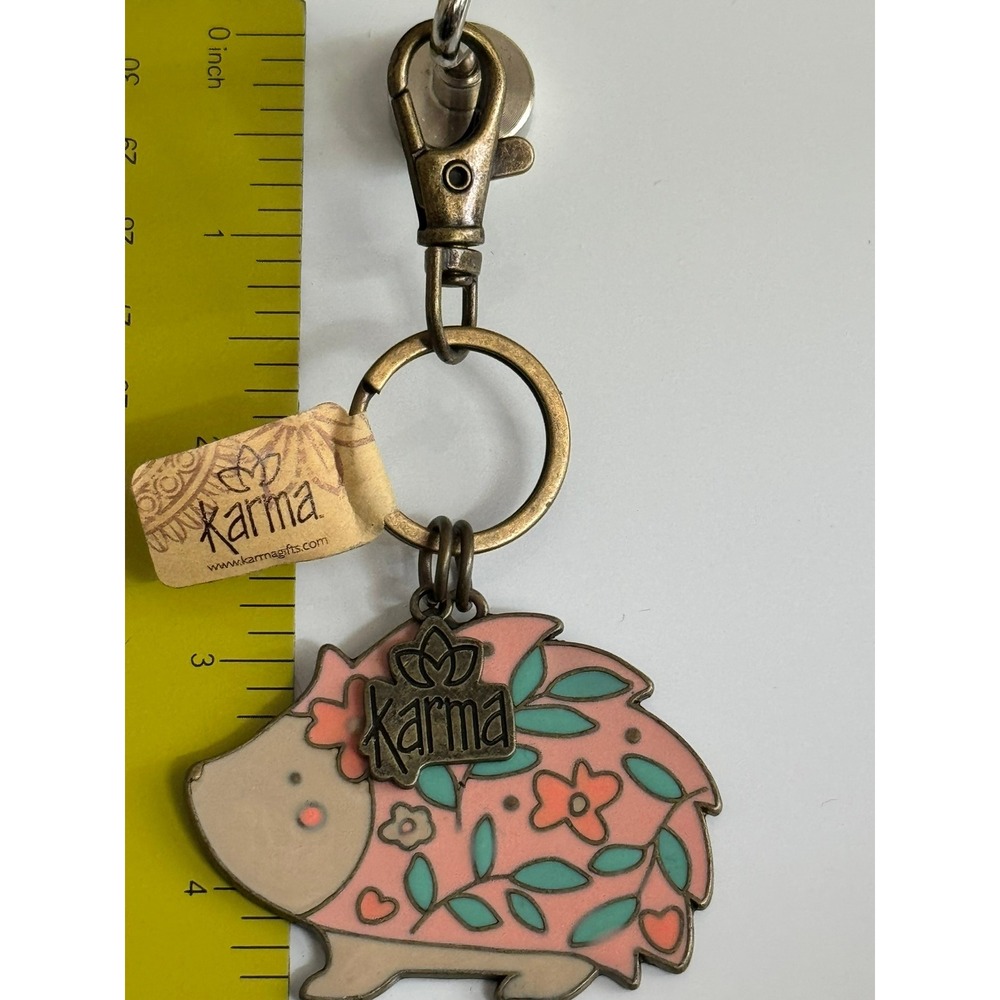 Karma Gifts Pink Floral Hedgehog Enamel Keychain Antique‎ Brass KA-3038-HEDGEHOG